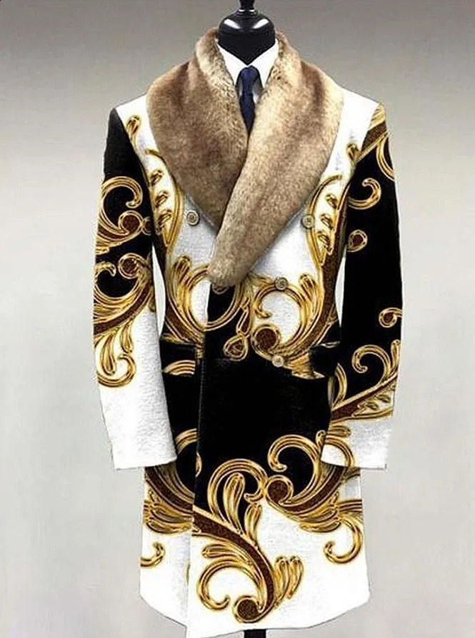 Customized European and American autumn and winter latest mens wool coat collar print medium long casual jacket only for men 241008