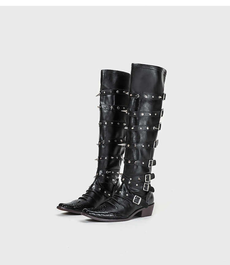Punk Gothic Style Fashion Boots Wide Tube Cowboy Boots Pointed Pile Martin Boots For Women Rivet Long Tube Boots 240826