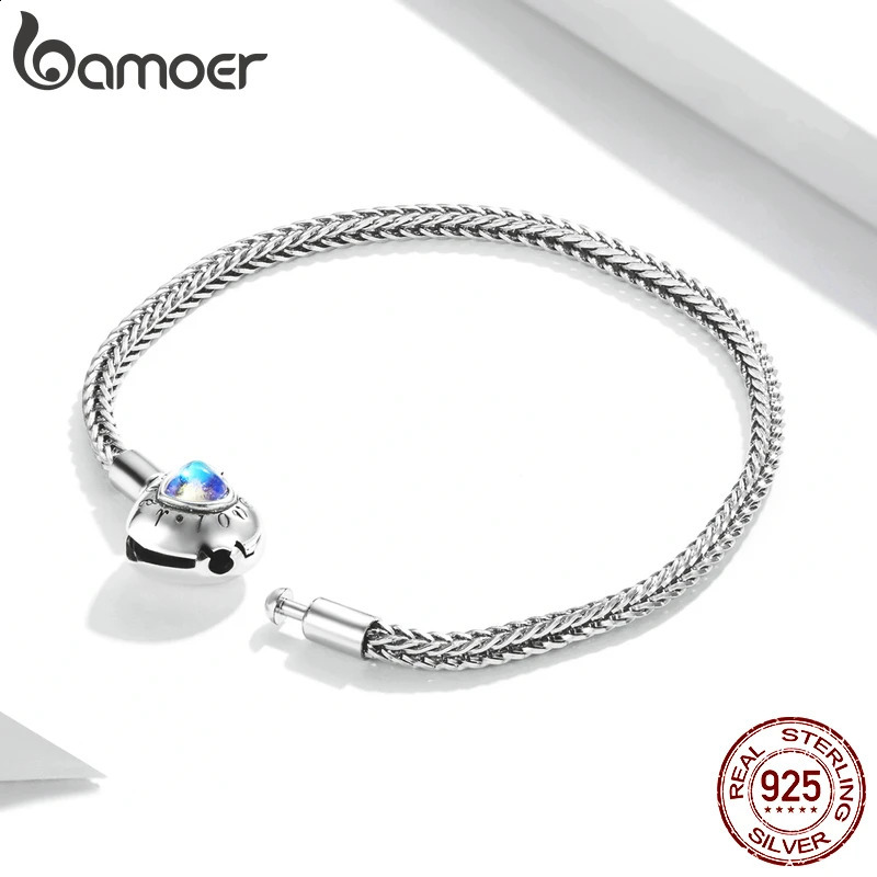Heart Charm and Bead Bracelet 925 Pure Silver Snake Chain Basic Bracelet Womens Moonstone Jewelry 17CM 19CM 240925