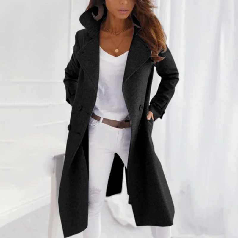 New Fall Windbreaker New Womens Imitation Wool Coat Lapel Long Casual Woolen Coat Solid Casual Double-breasted CoatX241009