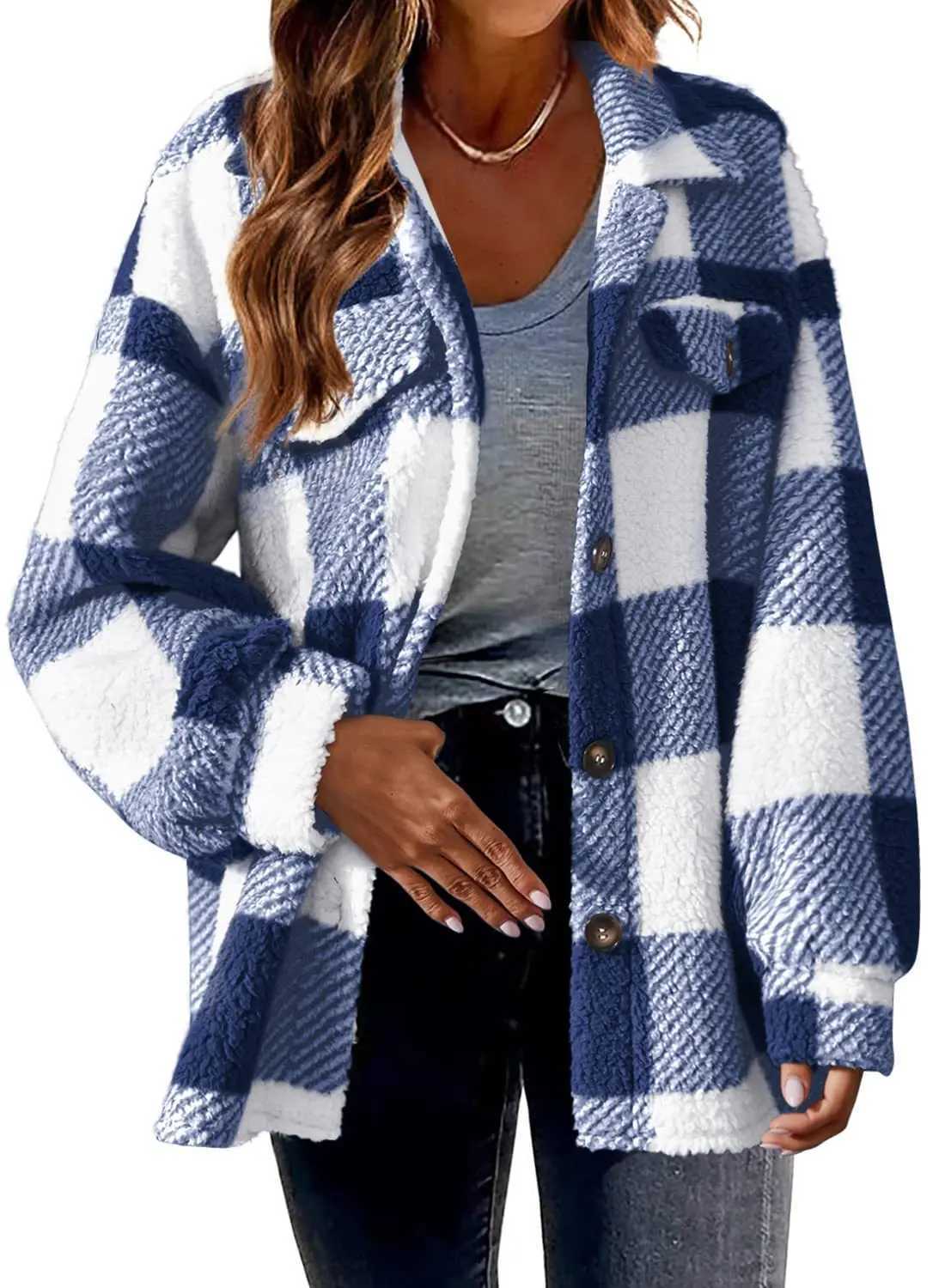 2023 Autumn and Winter Womens New Fashion Loose Casual Pocket Plaid Lamb Fleece Jacket Button Plush Comfortable Versatile CoatX241009