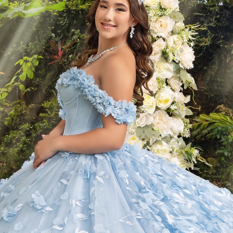 Sky Blue Quinceanera Dresses Ball Gown Off The Shoulder 3D Flower Lace Applique Beaded Crystal Tull Corset Sweet 16 Vestidos De 15 Anos