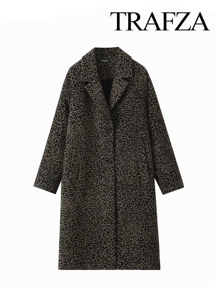 TRAFZA Women Elegant Lapel Pocket Single Breasted Design Casual Slim Coat Woman Autumn Leopard Print Long Sleeves Loose CoatX241009