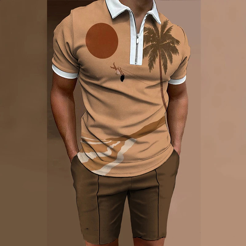 Summer beach element pattern printed mens sportswear set casual zipper polo shirt and shorts 2-piece set vacation party mens clothing 240930