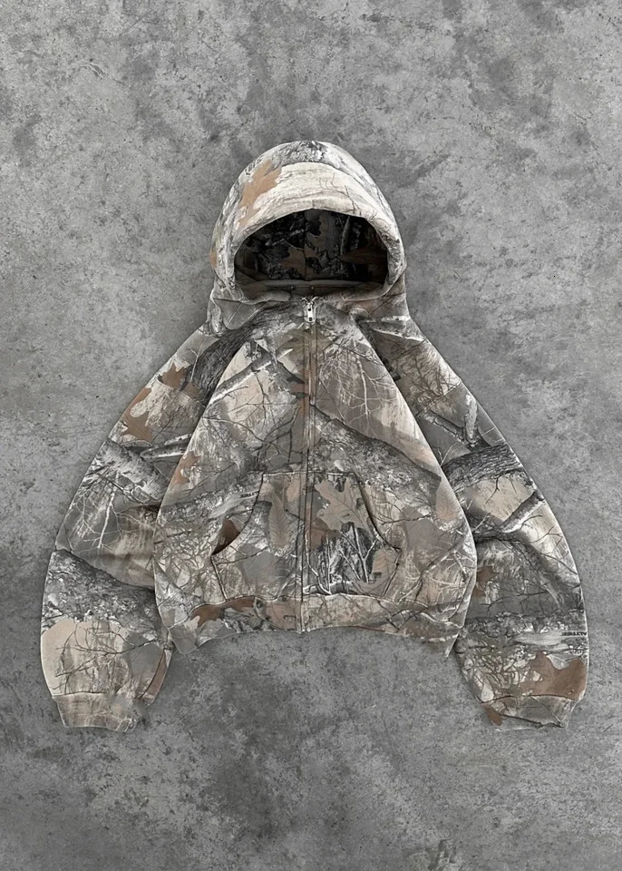 Y2K Retro Zipper Hoodie Mens Camo Pattern Zipper Sweatshirt Street Hip Hop Street Clothing Super Large Neutral Camo Hoodie 241009