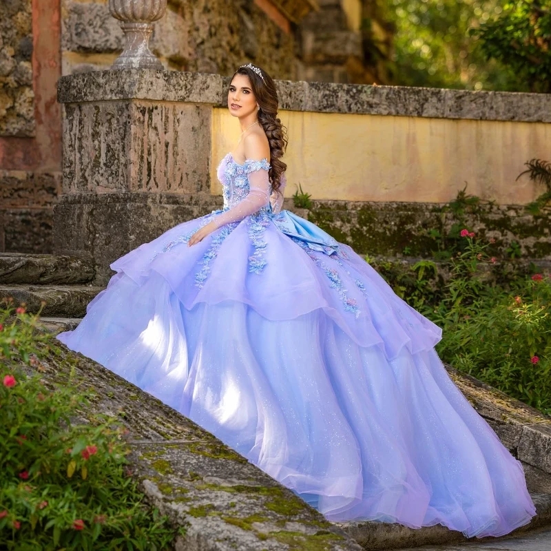 Luxury Lilac Sky Blue Shiny Quinceanera Dresses Sweetheart Applique Lace Tull Ball Gown Sweep Train Prom Dress Vestidos De 15 Anos