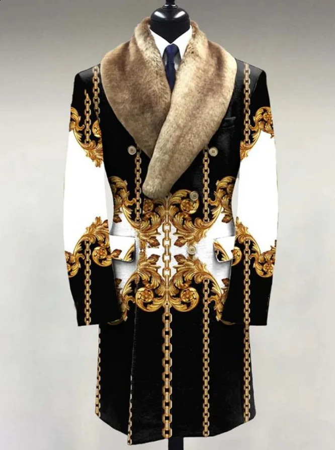 Customized European and American autumn and winter latest mens wool coat collar print medium long casual jacket only for men 241008