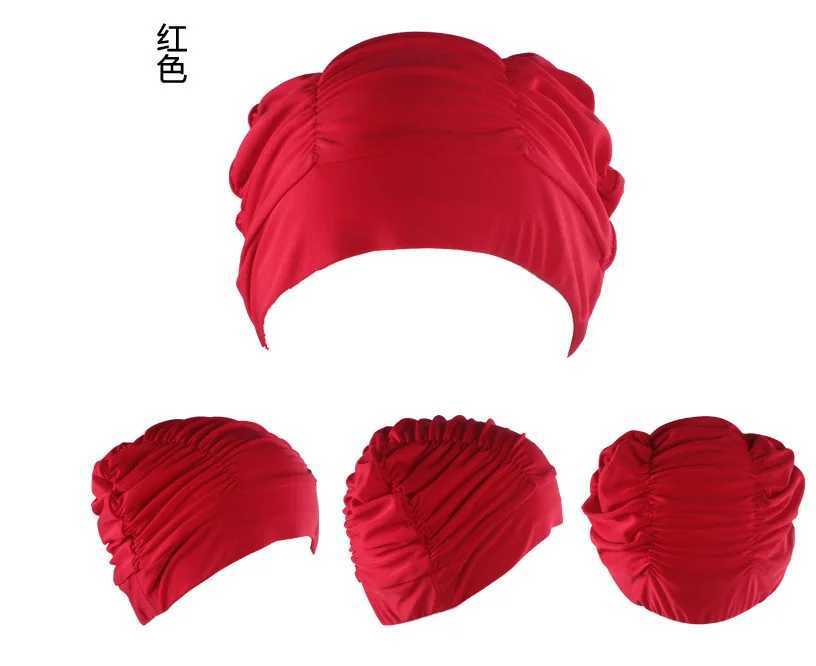 Womens long haired swimming cap pleated shower cap nylon swimming pool fashionable elastic print elastic adult beach CL241009