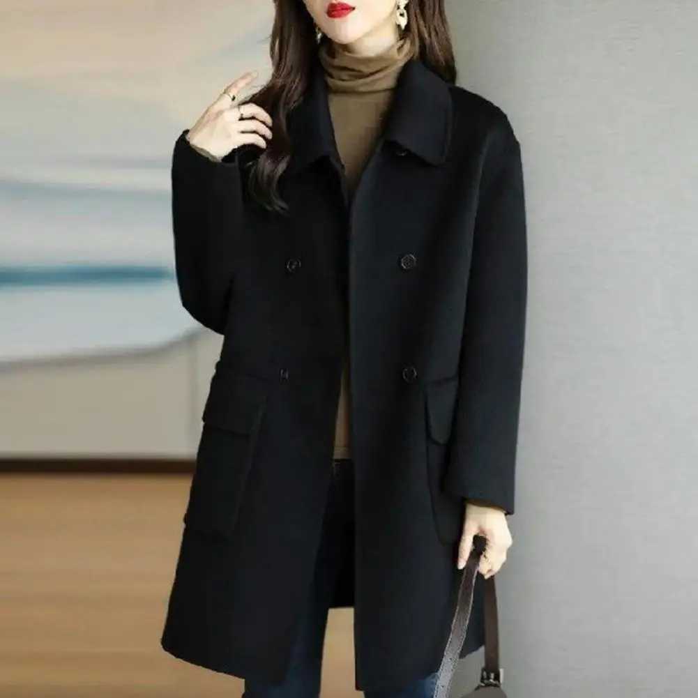 Women Woolen Coat Women Windproof Coat Stylish Womens Mid-length Woolen Coat Lapel Double Breasted Flap for Autumn/winterX241009