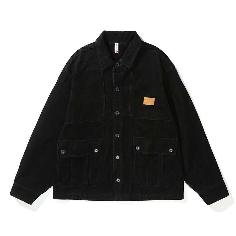 Mens fashion vintage corduroy coffee color cargo shirt casual loose coat LX241009