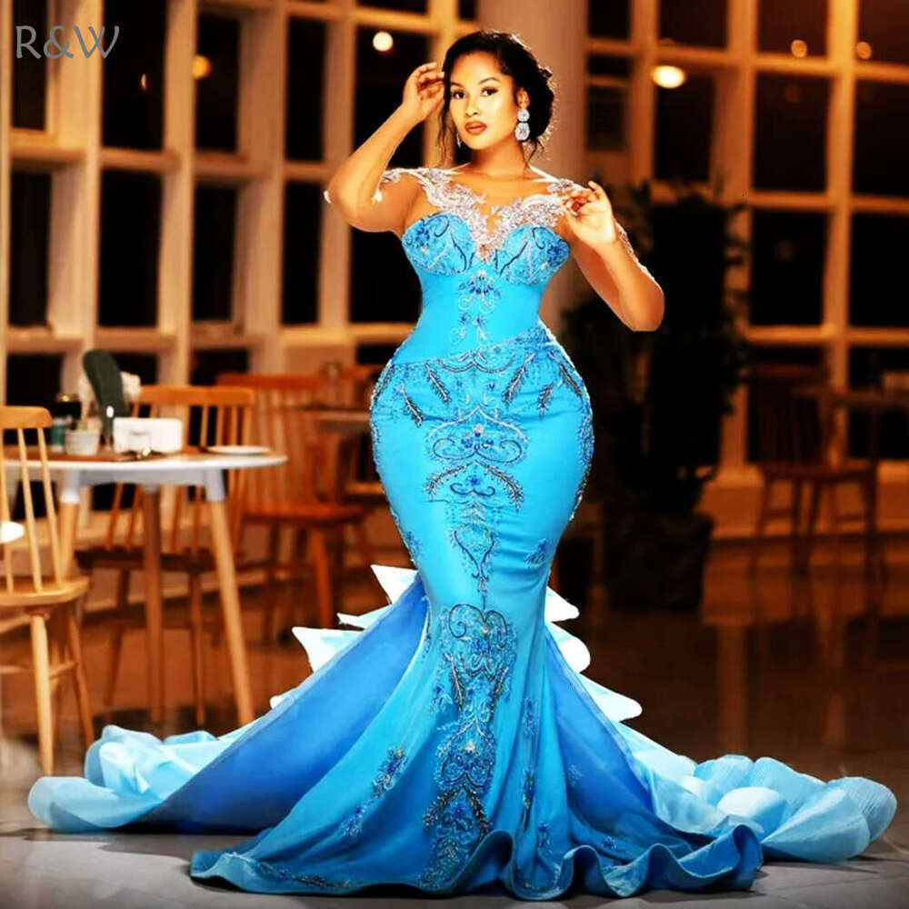 R&W 2024 Plus Size Aso Ebi Prom Dresses for Special Ocns With Detachable Train Illusion Long Sleeves Rhies Beaded Lace Birthday Dress Reception Gowns 