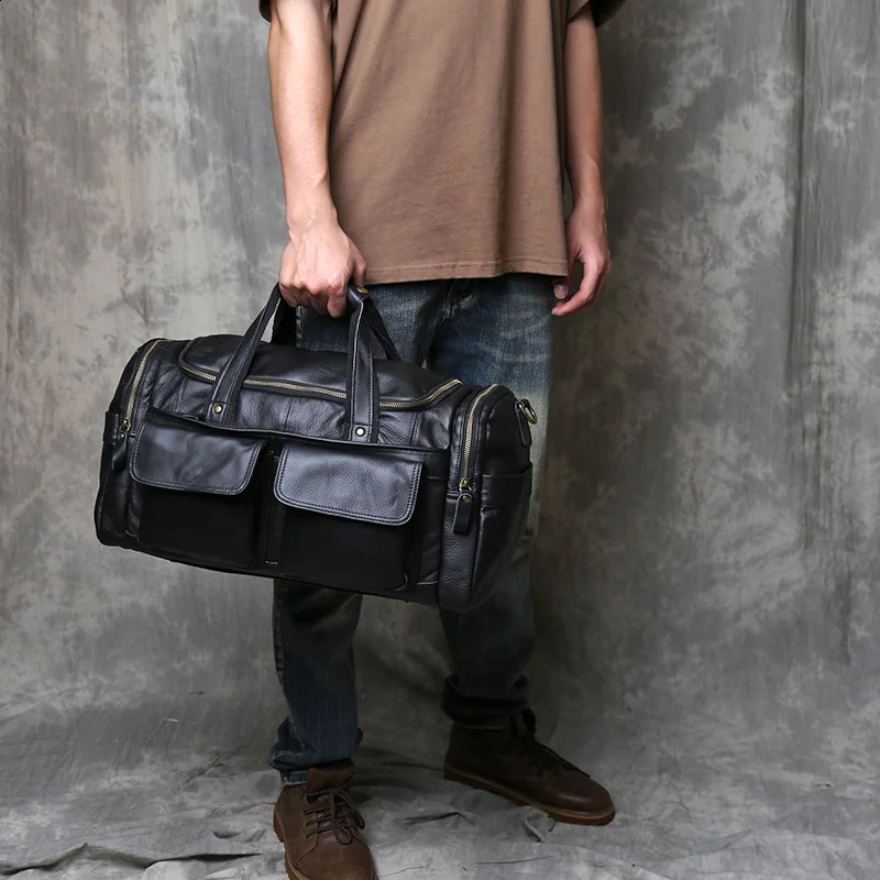 Retro large capacity mens top denim travel bag leather cross body bag handheld short distance luggage bag 240925