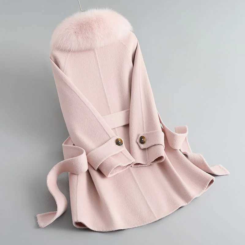 Womens Belted Real Wool Coat With Detachable Real Fox Fur Collar Fashion Autumn Winter Wool CoatX241009