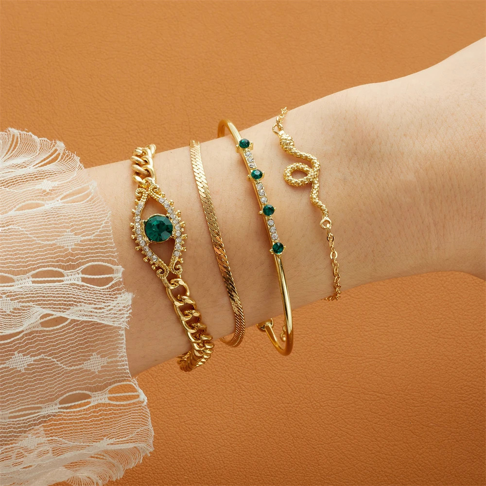 4PCSSet Fashionable Snake Gemstone Bangle Full Metal Bracelet Set for Womens Jewelry Birthday Party Gifts 240926