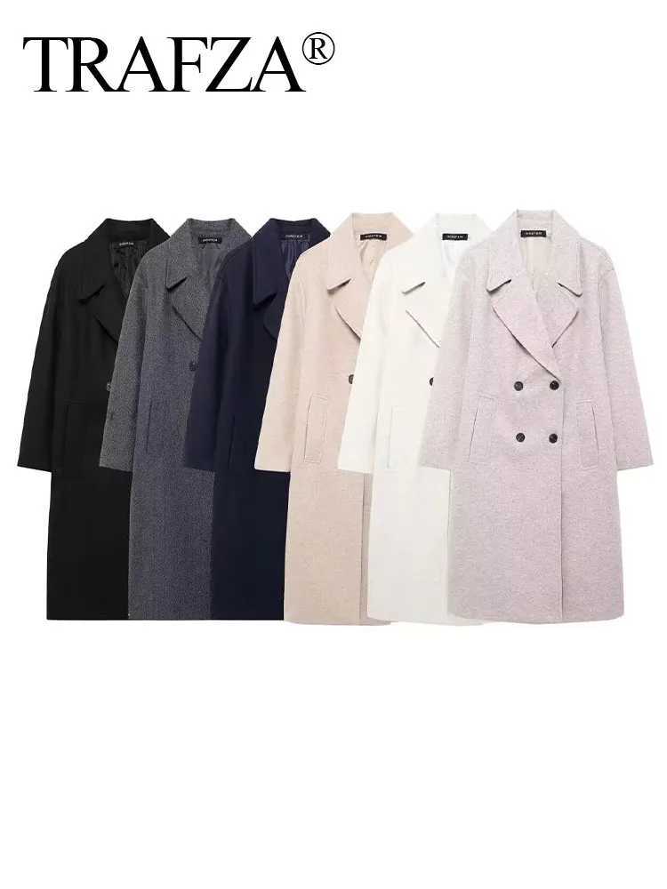 TRAFZA Woman Winter Warm Long Outwear Chic Elegant Women Solid Grey Long Sleeve Pockets Double Breasted Fake Woolen Coat 2024X241009