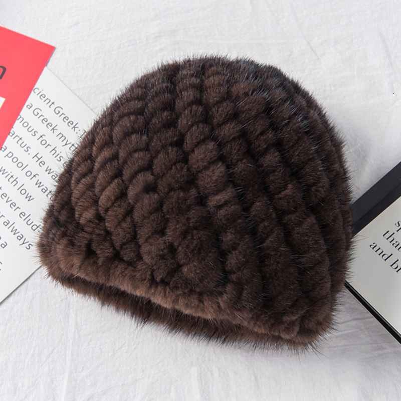 Winter Womens Mink Hats Natural Real Knitted Cap Fashionable Fluffy Ladies Genuine Beanie Female Black Fur Caps