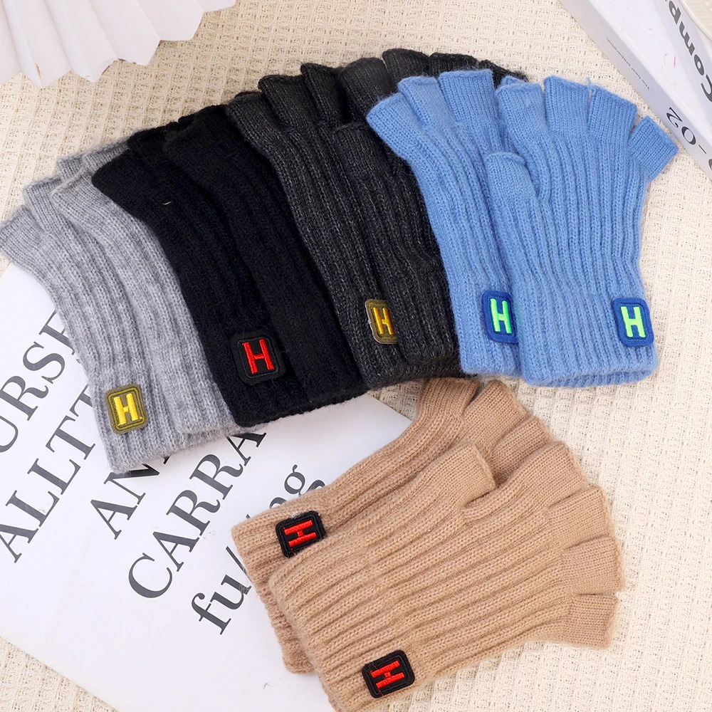 autumn and winter knitted warm half finger Hlabel gloves fashionable mens sports with sliding screen cold proof 241009