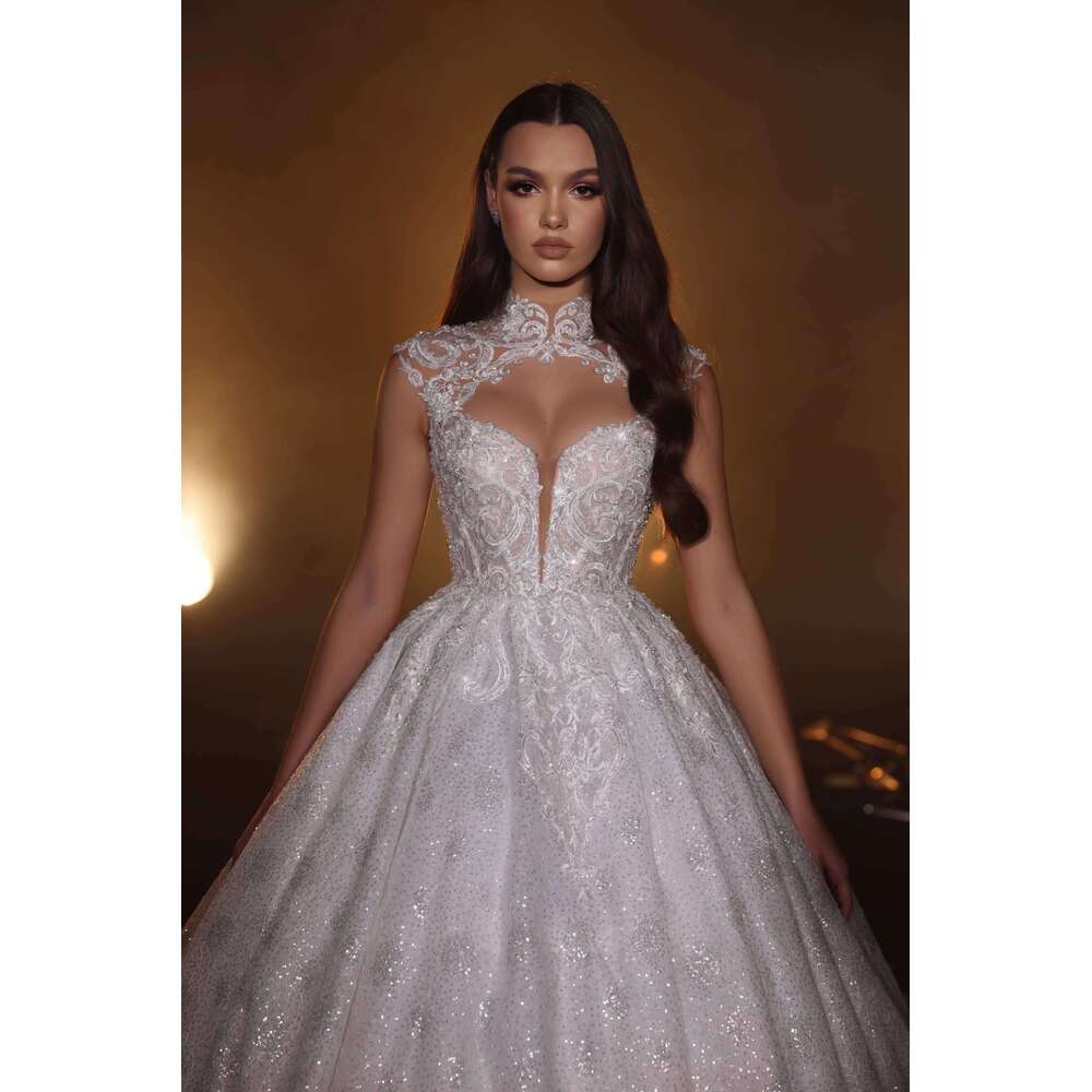 Wedding Dress Ball Gown High Neck Appliques Sequins Sleeveless or-Length Princess Bride Vestido De Noiva Custom Made