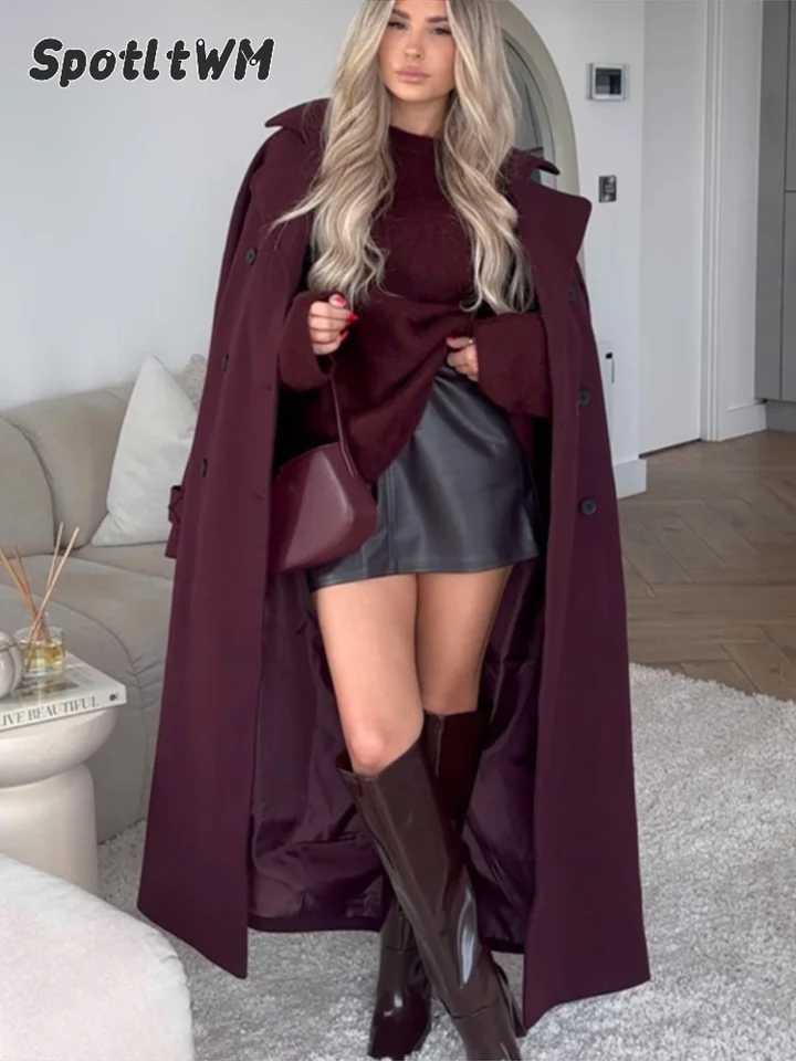 Elegant Double Breasted Long Sleeve Outerwear Vintage Collar Wine Red Womens Woolen Coat 2024 New High Street Lady Long CoatsX241009