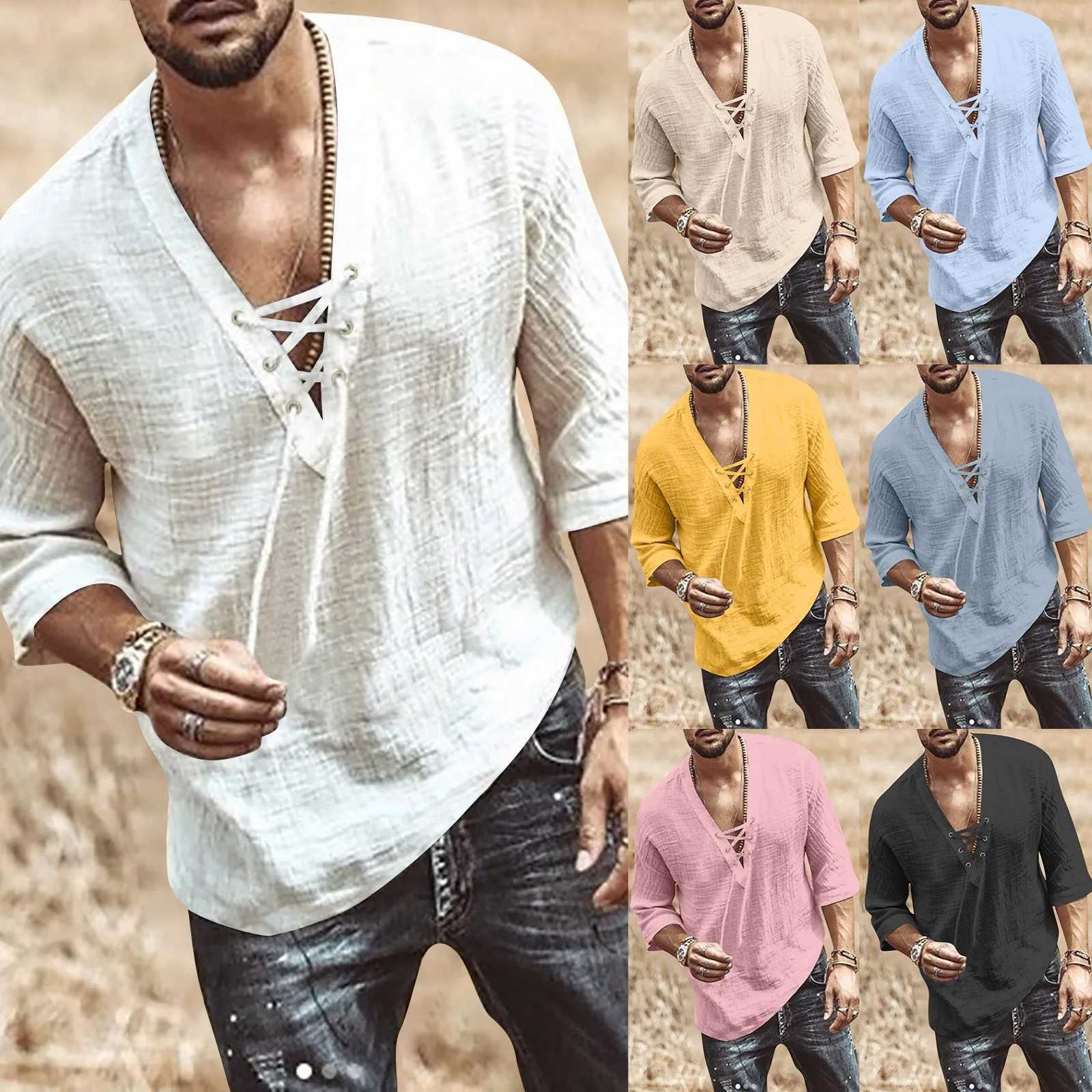 Spring and summer mens T-shirt cotton linen solid color long slip shirt fashionable loose V-neck shirt Strt casual top CL241009