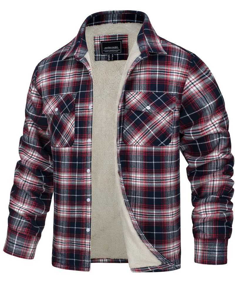 Mens Flannel shirt jacket quilted lining long sleeve plaid coat Men Thick Cotton Coat Men Oversize Winter jacket LX241009