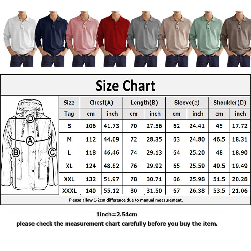 Mens Casual Long-sleeved Shirt Fashion Solid Color Lapel Button Business Casual Polo Shirt Golf Pullover T-shirt Street Wear 241009
