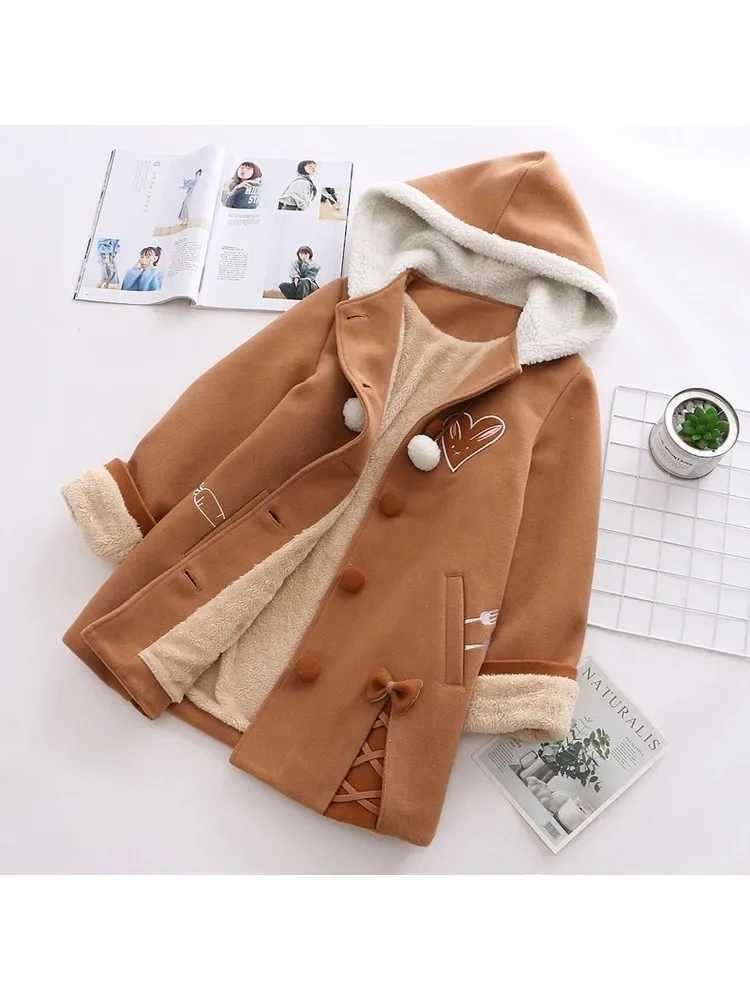 JK Mori Girl Cute Heart Embroidered Women Woolen Hooded Coat Winter Bow Sweet Kawaii Loose Brown Jackets Thick Warm OutwearX241009