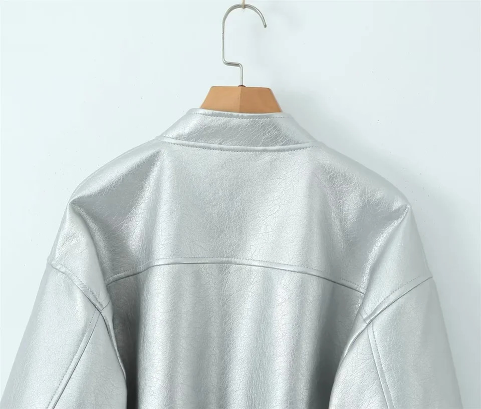 Retro silver PU leather jacket womens spring n baseball jacket womens short pilot jacket top 240930