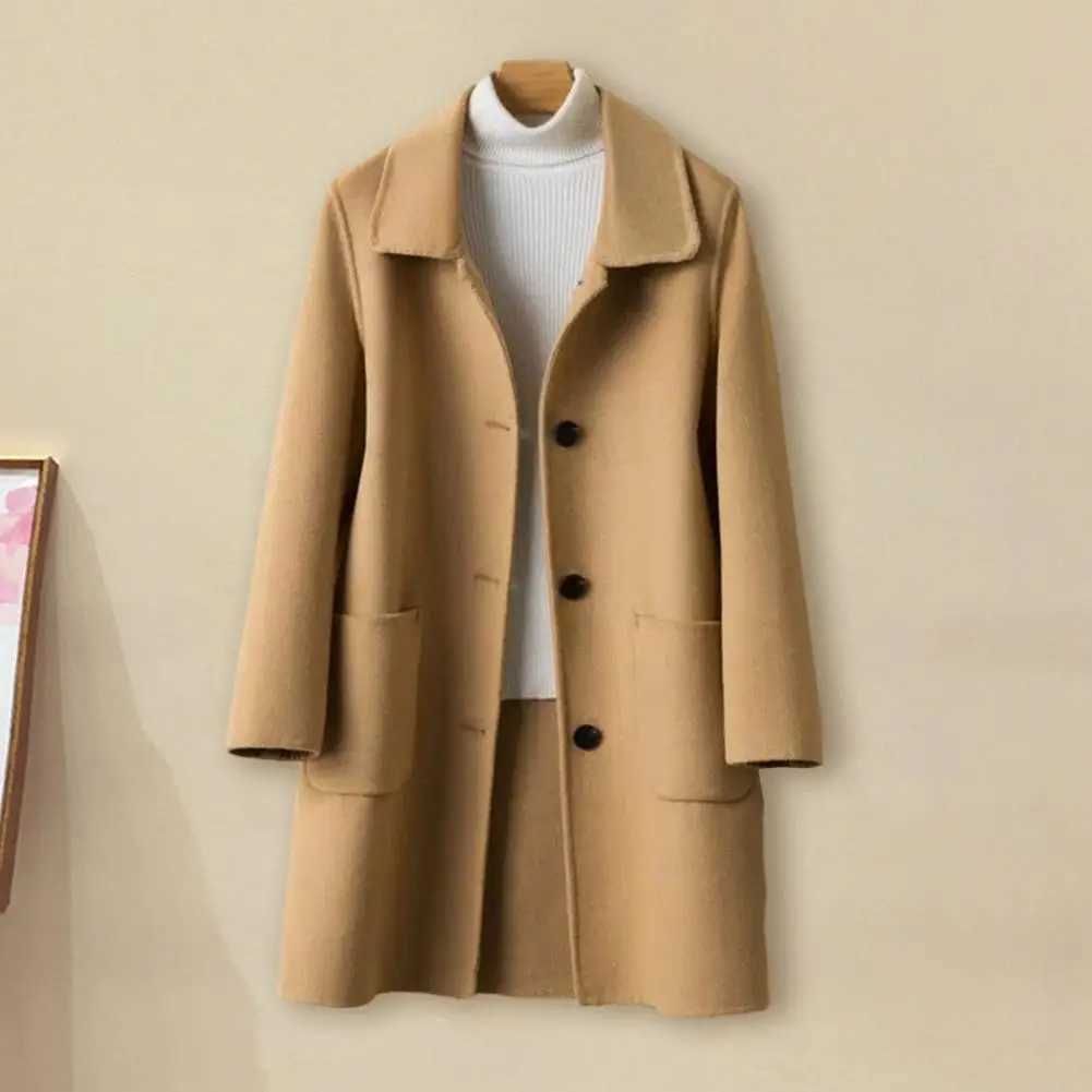 Fall Winter Women Woolen Coat Loose Solid Color Thick Cold Resistant Jacket Single-breasted Lapel Mid Length Long Sleeve CoatX241009