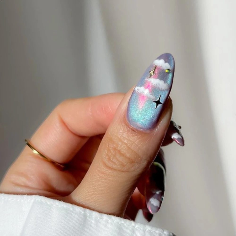 10 handmade almond fake nails 2024 cute cat eye limited edition press nail with adhesive nail file set 241008