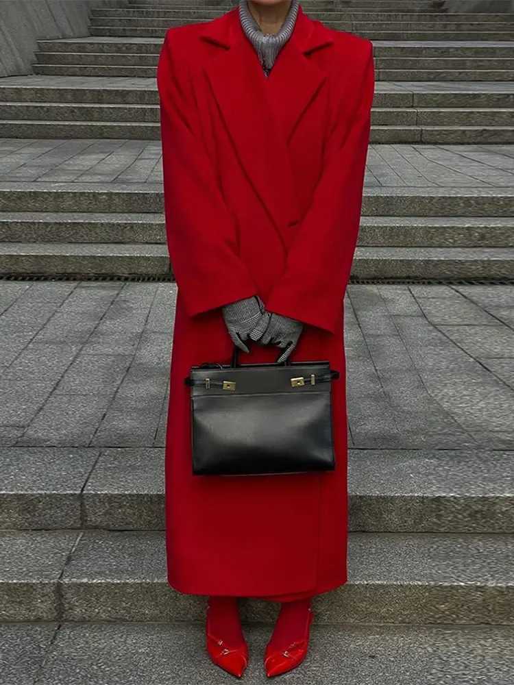 2024 New Red Lapel Woolen Overcoats For Women Fashion Long Sleeves Button Casual Office Long Coat Autumn Lady Street OuterwearX241009