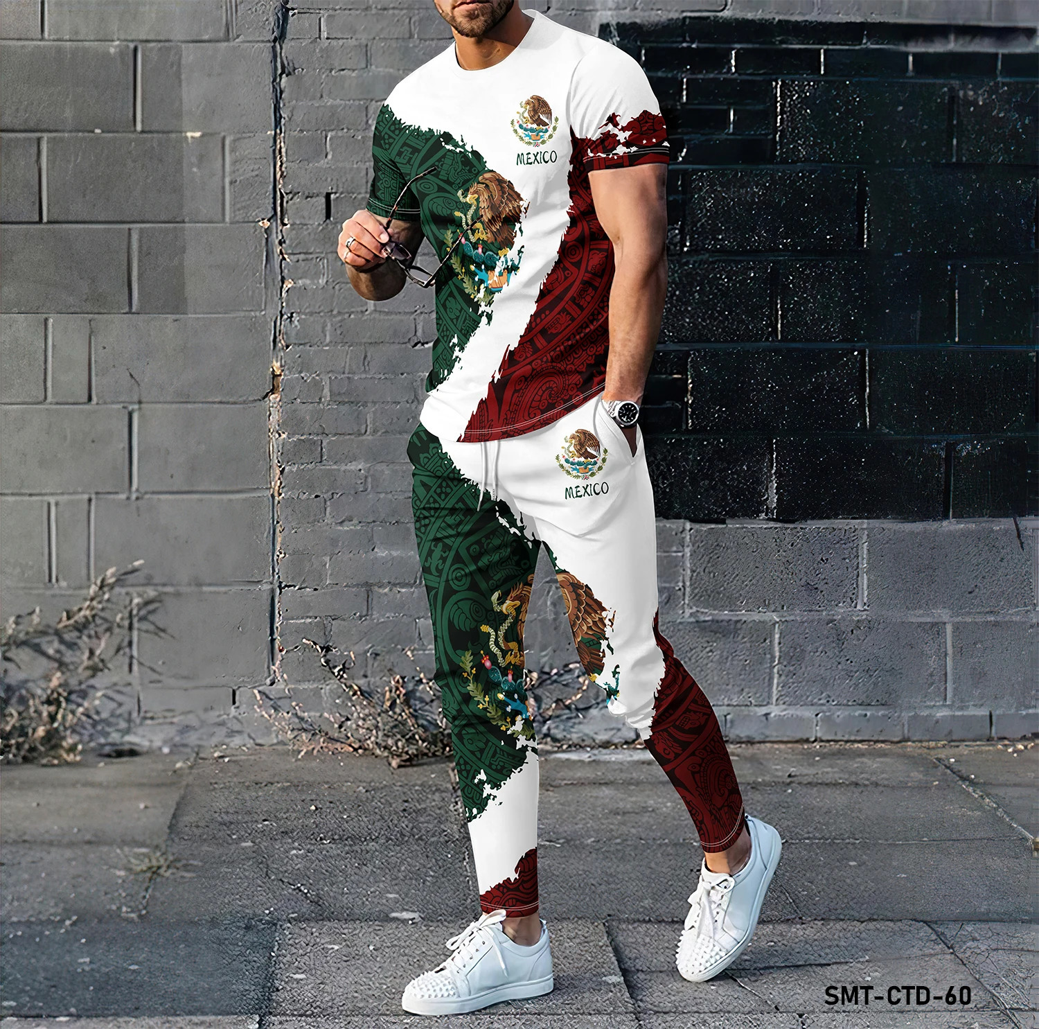 high-quality 3D Mexican eagle round neck short sleeved T-shirt long pants street two-piece sports shirt set 241009