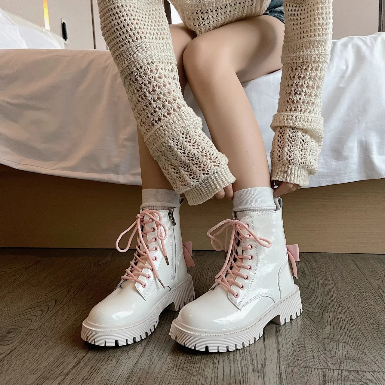 Punk Thick Platform Motorcycle Boots Womens Fashion Bow Lace Top Thick Bottom Ankle Boots Womens Autumn Winter Gothic Shoes 241007