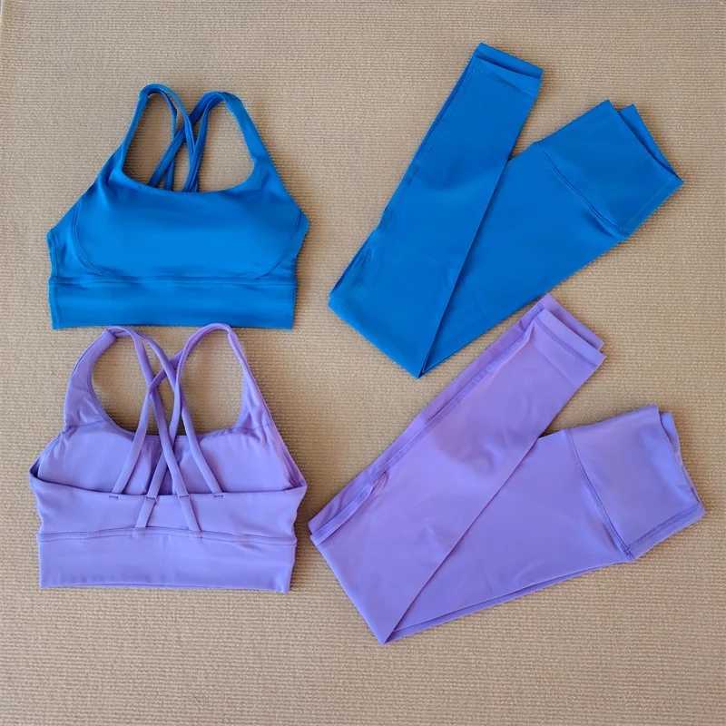 2-piece gym womens exercise set sexy yoga set solid color cross back bra leg Pilates exercise fitness set soft and comfortable W241008