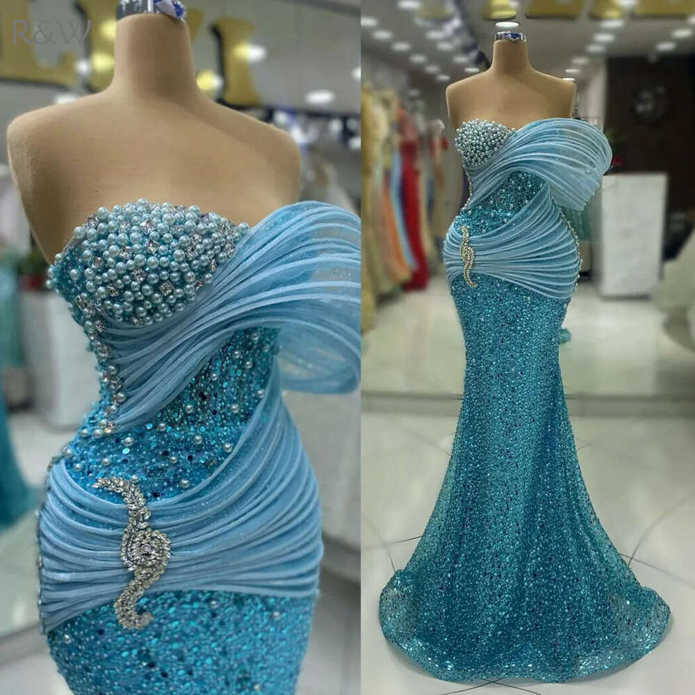2024 Plus Size Blue Prom Dresses for Black Women Promdress Illusion Beaded Lace Pearls Rhies Decorated Birthday Party Dress Second Reception Gowns
