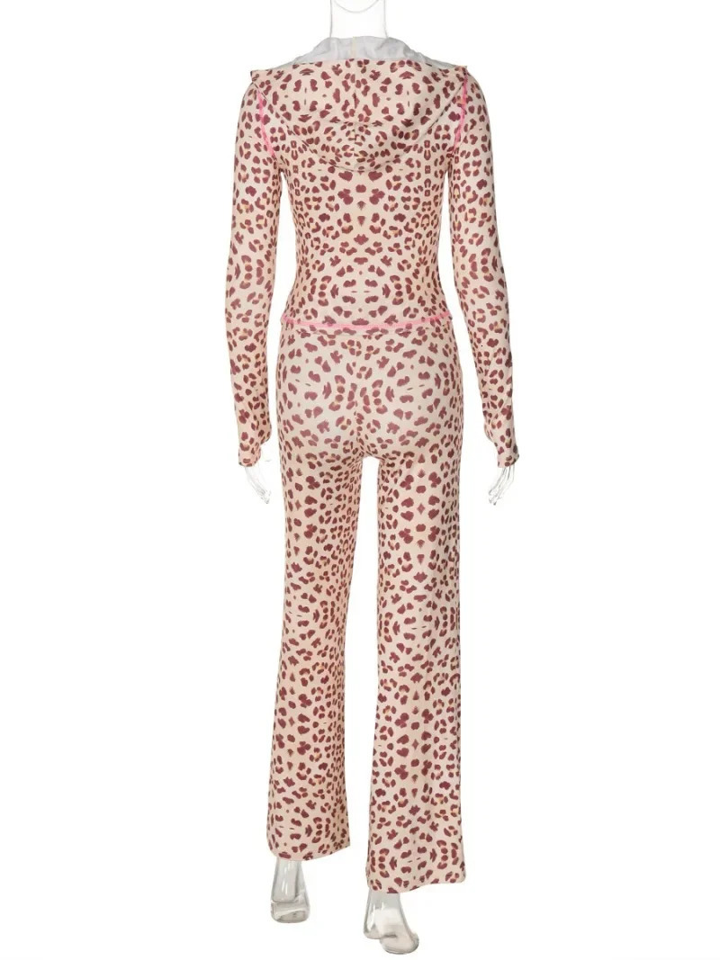 Fashion Autumn Leopard Print Two Piece Matching Sets Hooded Zipup Cardigan TopLong Pants Suit Streetwear Female Tracksuits 241008