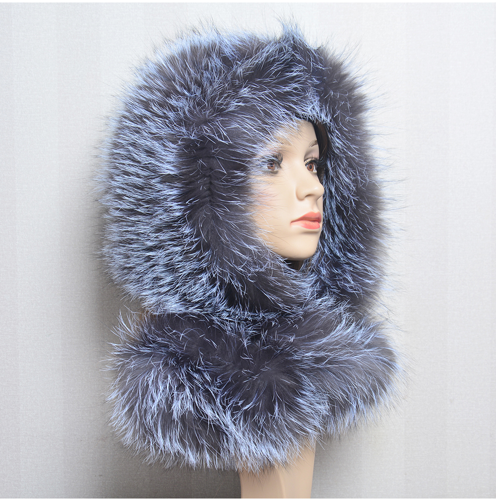 Hot Sell Winter Women Natural Hats&Scarves Lady Warm Fluffy Real Fox Hat&Scarf Knit Genuine Fur Hooded Scarf