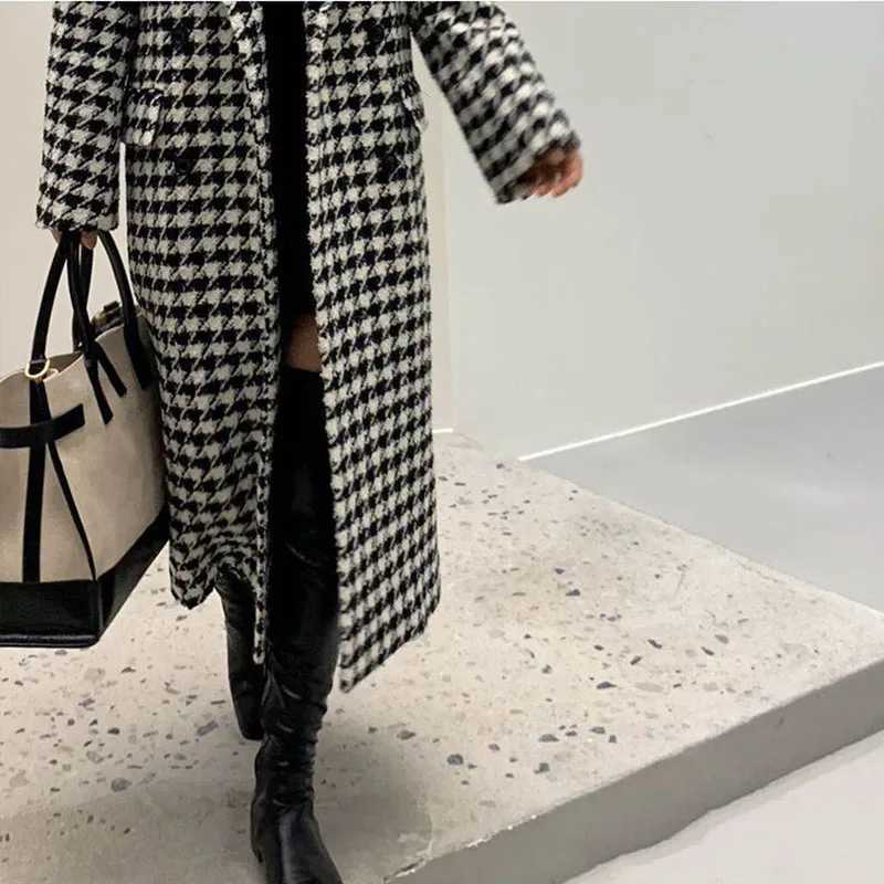 Fashion Houndstooth Faux Wool Jacket Women Autumn Korean Elegant Single Breasted Long Overcoat Winter Thick Warm Blend OutwearX241009