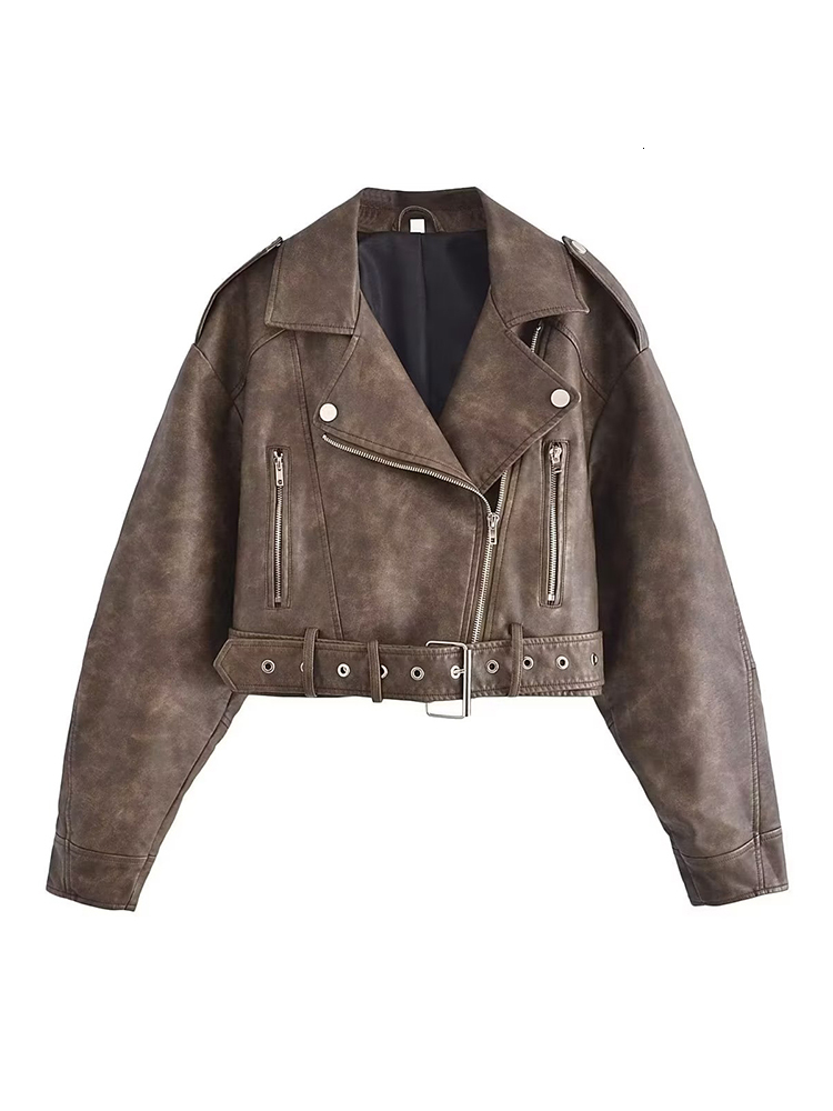 ZACK RAIN Women Faux With Belt Jacket 2022 Autumn Winter Ladies Leather Buckle Coat Vintage Zipper Female Chic Outwear