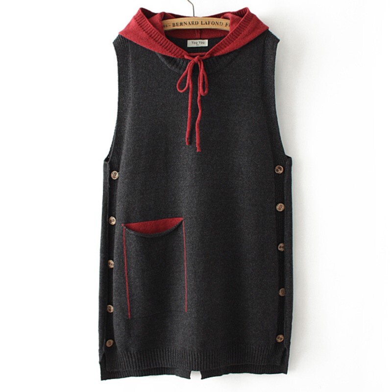 Women's Loose Long Knitted Pullover, Sweater Vest, Winter, Block Color, Hooded, Side Buttons, Curve Jumper, Plus Size, 4Xl