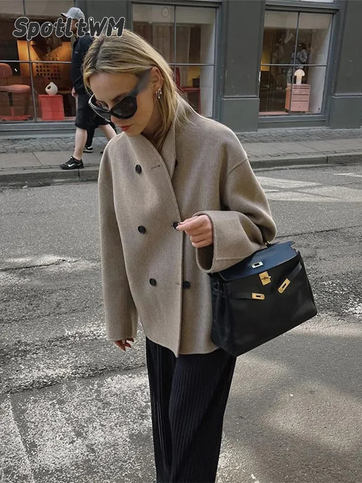 Womens Loose Casual Woolen Coats Retro Double Breasted Stand Collar Short Jacket Office Lady Outerwear Autumn Winter 2024 240930