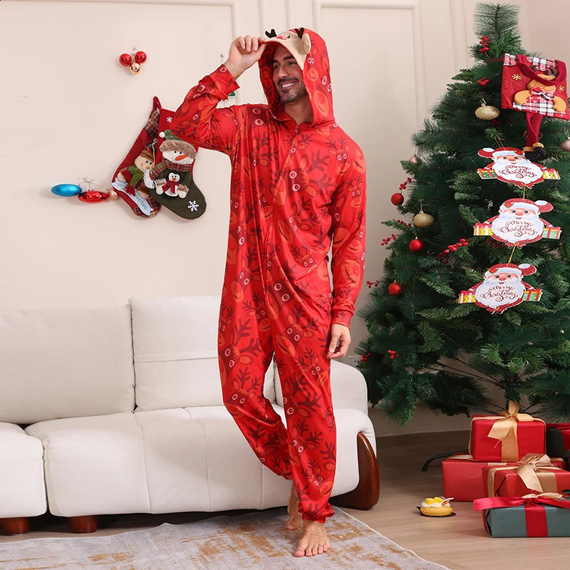 Family reindeer ear muffs one-piece jumpsuit adult and childrens clothing set pajamas Christmas appearance pajamas 241007