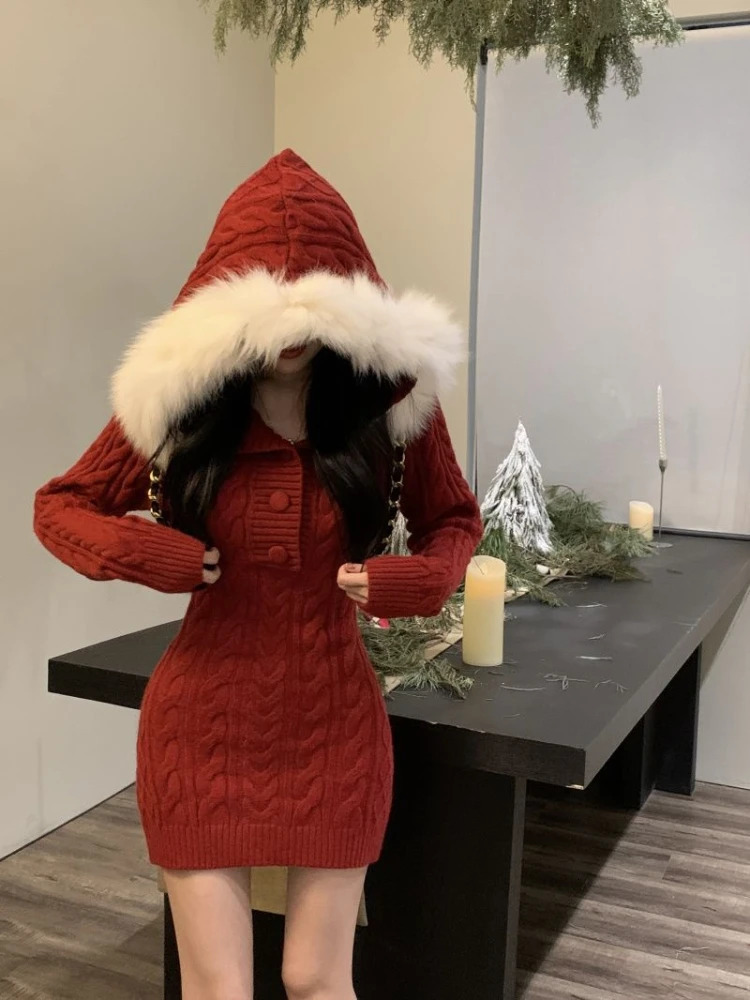 Winter Knitted Sweater Dress Hooded Womens Ultra Thin Body Y2k Mini Artificial Fur One Piece Korean Elegance 241007