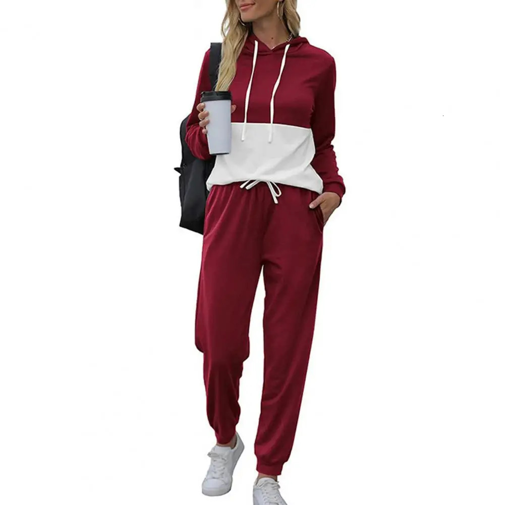 1 set of sportswear womens running long sleeved patchwork work polyester casual hooded pants fitness 241007