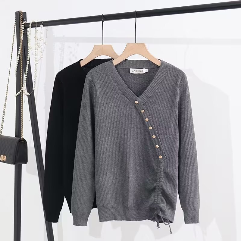 Women's Long Sleeve Knitted Sweater, Loose Button, Drawstring Jumpers, Casual Pullovers, Plus Size, Autumn, Winter, New, 2024