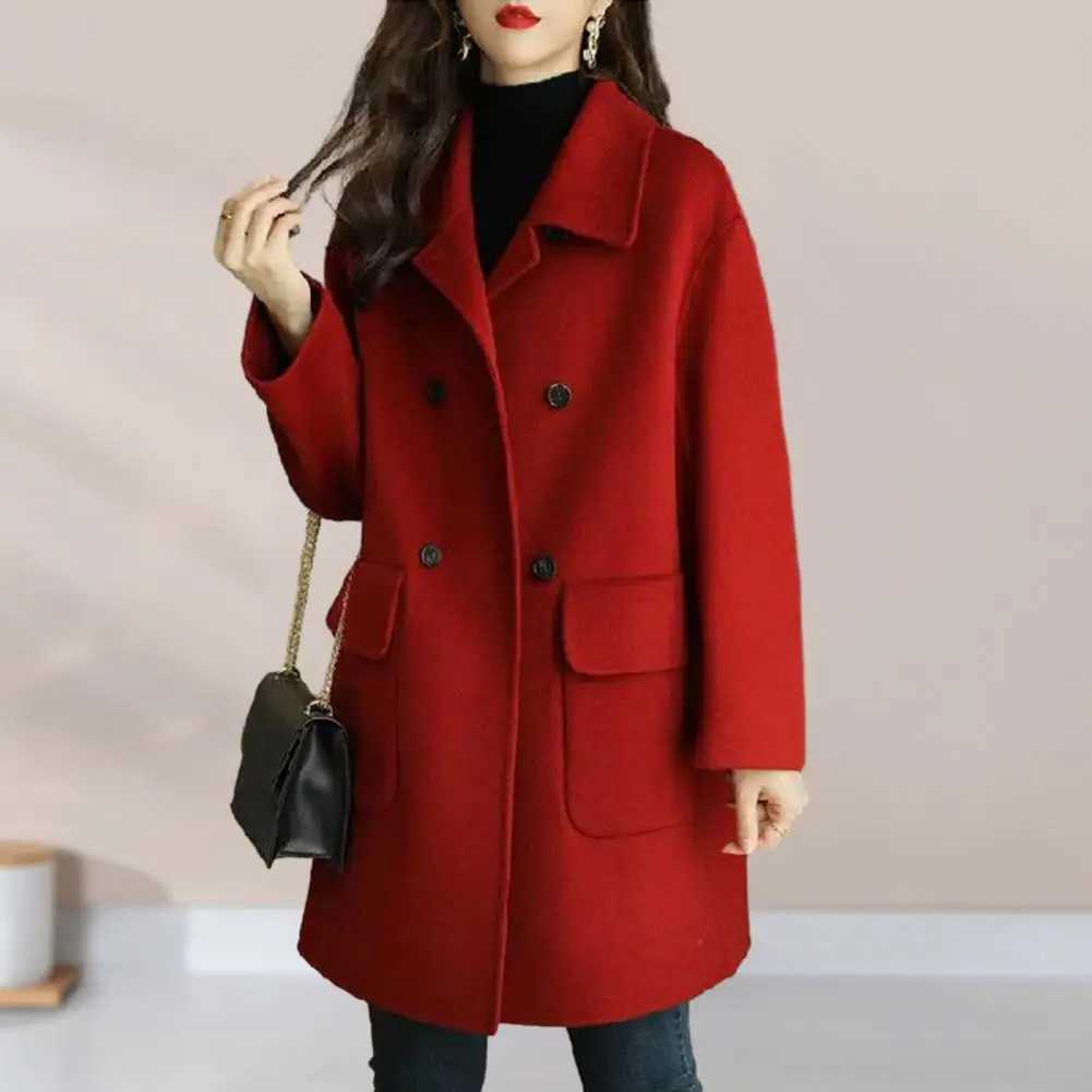 Women Woolen Coat Women Windproof Coat Stylish Womens Mid-length Woolen Coat Lapel Double Breasted Flap for Autumn/winterX241009