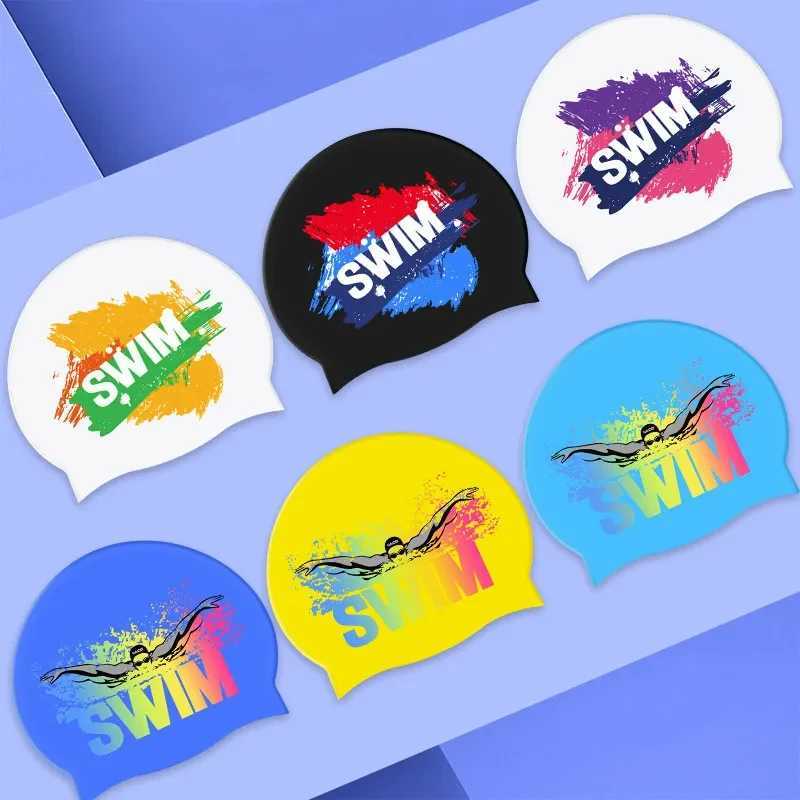 Printed swimming cap silicone anti slip waterproof mens swimming cap high elasticity long hair ear protection adult swimming cap CL241009