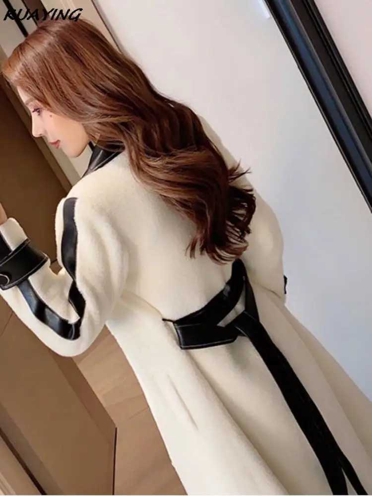 Autumn Winter Midi Woolen Coat Elegant and Chic Black White Patchwork Wool Overcoat with Belt Fashion Outerwear Female ClothesX241009