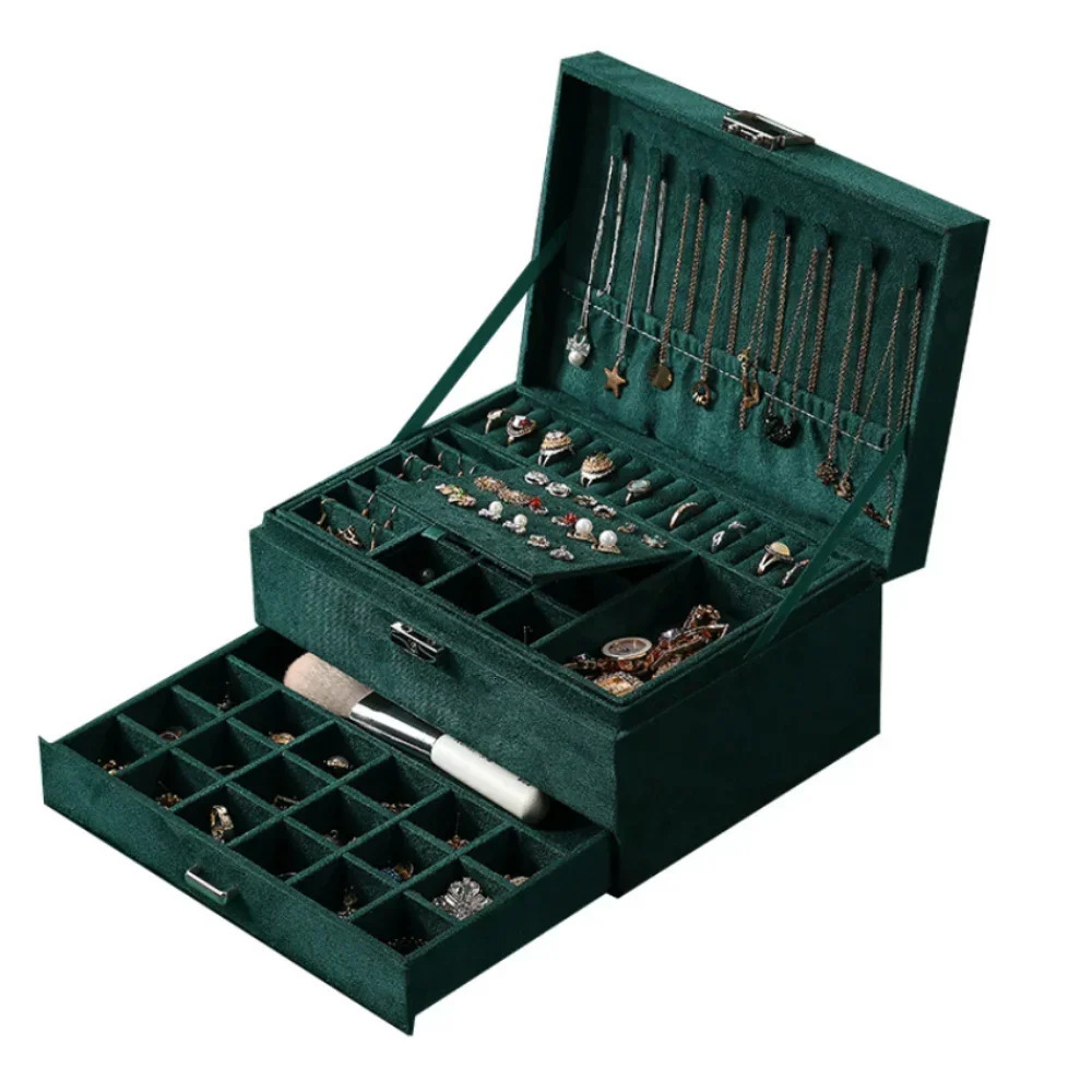 Three Layers Retro High Quality Velvet Jewelry Box with Necklace Hook Earrings Ring Bracelet Storage Case Green Colors 240929