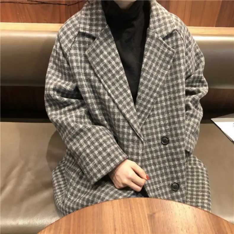 Checked Suit Woolen Coat Woolen For WomenS Autumn Winter Overcoat Korean Fashion Mid Length Coat For WomenS ClothingX241009
